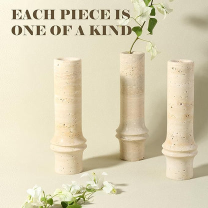 Flower Vase for Home Decor, Marble Bamboo Vase Rustic Vintage Decorations for Living Room, Table, Bathroom, Holiday & Weddings (Travertine)