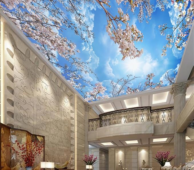 Eierme-Pink Cherry Blossoms and Blue Sky and White Clouds Ceiling Peel and Stick 90" x 67"