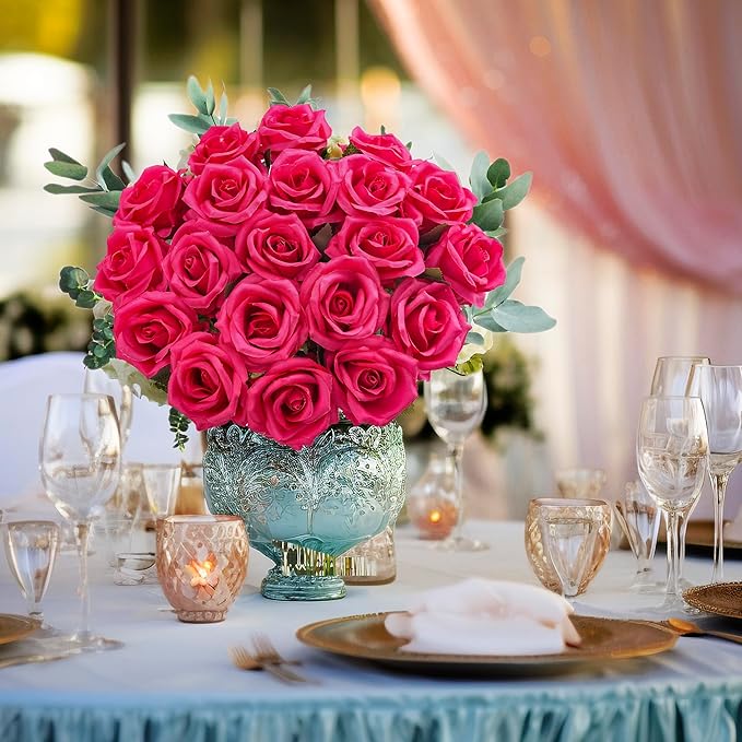 20PCS Artificial Roses with Long Stems - Realistic Silk Flowers, Fake Roses Real Touch Bouquet Roses for Home Decor, Bridal Wedding Table Centerpieces, Faux Rose Flowers (Hot Pink)