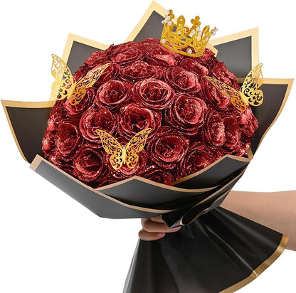 Waipfaru 36 Pcs Glitter Roses Bouquet, DIY Fake Flowers Bouquet, Artificial Red Rose Bouquet for Valentines, Mothers Day Gifts, Anniversary, Engagement, Wedding