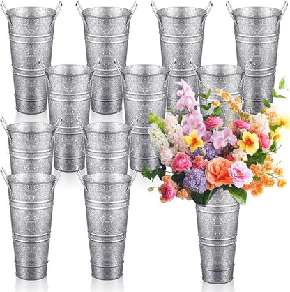 Zhehao 12 PCS 12 Inch Galvanized Metal Vase with Handles Bulk Tin Flower Buckets Galvanized Vases for Flowers Country Wedding Table Centerpieces Metal Flower Buckets for Wedding Home(Matte Silver)