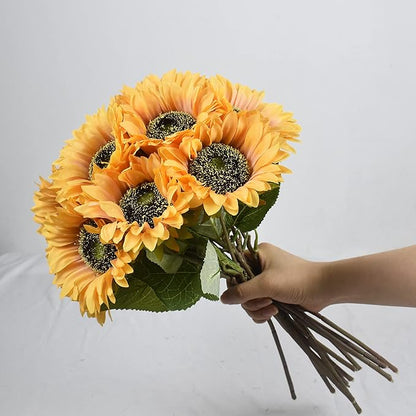 Vintage Artificial Sunflower Flowers 8 Pcs Single Long Stem Silk Fake Fall Sunflowers Bridal Wedding Bouquet Fake Yellow Flower Arrangements for Outdoor