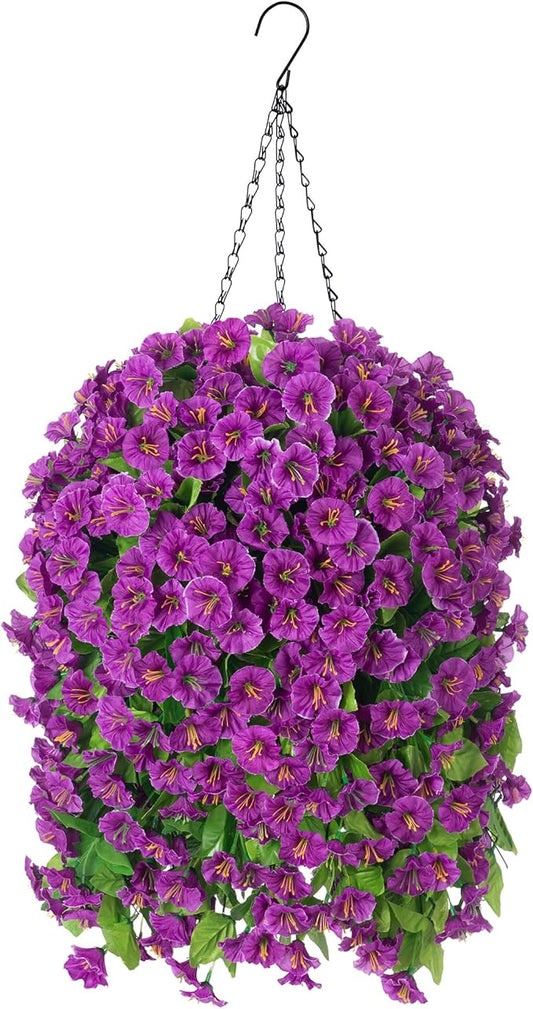 Artificial Faux Hanging Flowers Basket for Spring Summer Outdoor Porch Decor, Fake Silk Colorful Morning Glory Eucalyptus in Planter UV Resistant Look Real for Home Balcony Yard(Darkorchid)