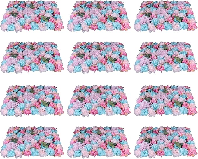 LOYALHEARTDY Artificial Flower Wall Panels 12 Pack 16 x 24 Flower Walls Mat Silk Rose Hydrangea Flower Panels for Backdrop Event Party Wedding Wall Decoration