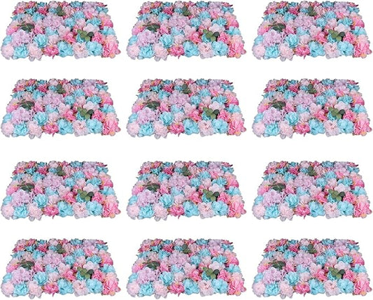 LOYALHEARTDY Artificial Flower Wall Panels 12 Pack 16 x 24 Flower Walls Mat Silk Rose Hydrangea Flower Panels for Backdrop Event Party Wedding Wall Decoration