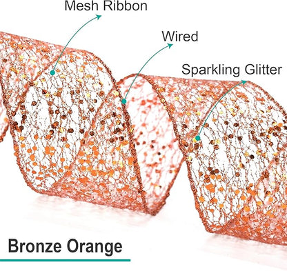CT CRAFT LLC Sparkling Glitter Mesh Wired Ribbon 4" x 10 Yards Bronze Orange for Christmas Home Decor Bow Gift Wrapping DIY Crafts Wreath