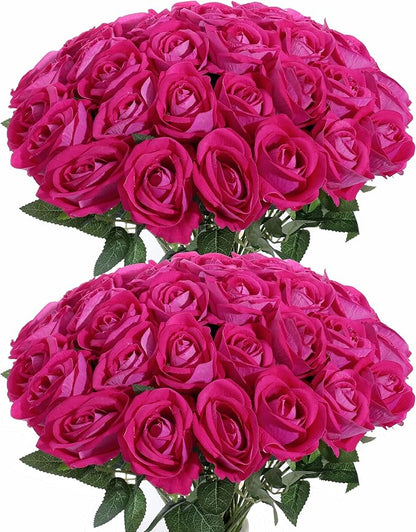 50Pcs Fuchsia Roses Artificial Flowers Fake Roses Faux Velvet Silk Flower for Home Wedding Decoration (Pearl Rose, Fuchsia)