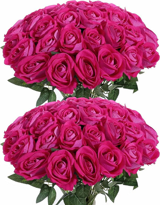 50Pcs Fuchsia Roses Artificial Flowers Fake Roses Faux Velvet Silk Flower for Home Wedding Decoration (Pearl Rose, Fuchsia)