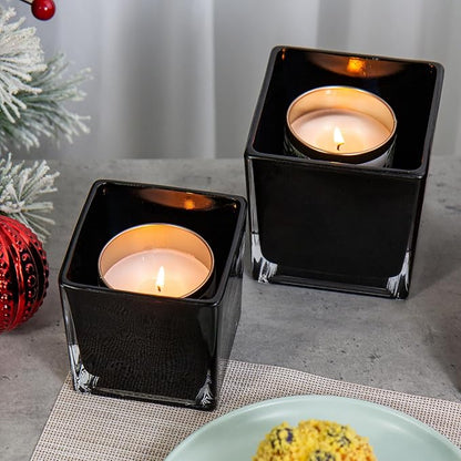 Square Glass Vase, 5" x 5" Black Cube Glass Vases Floral Planter Centerpiece for Home Party Event Wedding, Candle Holder, Set of 2