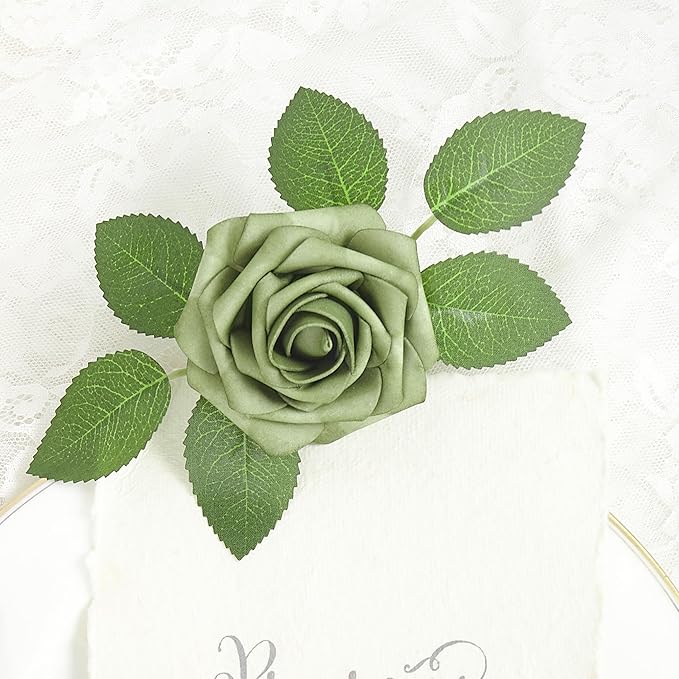 Artificial Flowers, 50pcs Artificial Rose for DIY Wedding Bouquets Centerpieces Flowers Arrangements, Elf Green Fake Flowers with Stems for Bridal Shower Graduation Events Decoration
