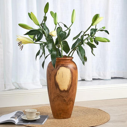 Greenage Natural Acacia Wood Vase Handmade 7.1" 7.1" x 19.7" Handcrafted Solid Wooden Table Flower Holder Rustic Decorative Tall Floor Vase for Living Room Balcony Home Decor