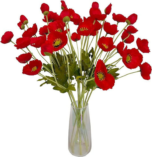 ATFL Red Poppy Flowers Artificial for Wedding Decorations,12 Pcs Fake Faux Silk Poppies Bulk for Home Decor Table Centerpieces Floral Arrangement (23.5‘’, red)