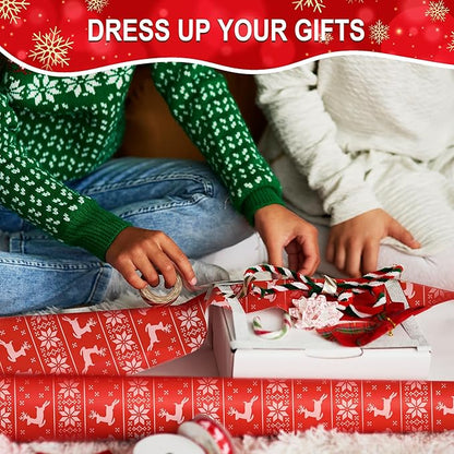 Hexablenzio Christmas Wrapping Paper Bulk Set of 4 Rolls (148 sq. ft. ttl) Santa Claus, Reindeer, Christmas Tree, Snowman Patterns for Holiday Gift Wrap - 30 inches x 14.8 feet Per Roll