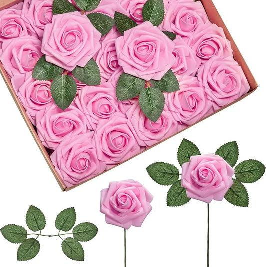 InnoGear Artificial Flowers, 100 Pcs Pink Foam Fake Roses Bulk with Stems for Decoration DIY Wedding Bouquets Centerpieces Bridal Shower Party Valentines Christmas Tree