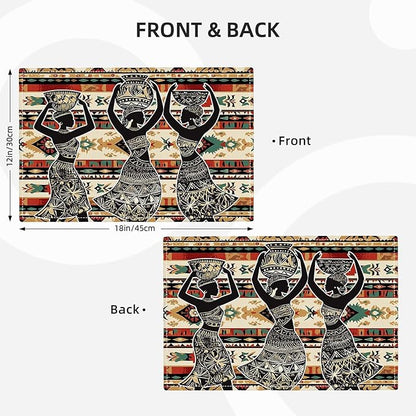 Southwestern Placemats Set of 6, African Woman Place Mats, Rustic Dancing Women with Pot on The Head Dining Table Mats, Washable Placemats for Kitchen Dining Room 18L'' × 12W''