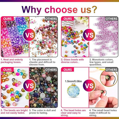XSEINO About 1200+ PCS 6mm Cracked Style Glass Beads Bracelet Making Kit, 24 Assorted Colorful Crack Series Crystal Beads for Jewelry Making and DIY Crafts, Friendship Bracelets