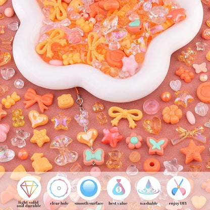 Assorted Acrylic Beads, 200-260PCS Orange Cute Beads for Bracelet Making, GummyBear Bow Flower Candy Kawaii Charms for Jewelry Making DIY Necklace Keychain Phone Charm Christmas Gift