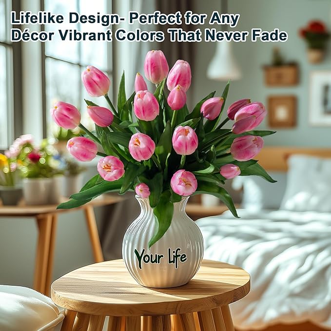 20PCS Fake Tulips Artificial Tulip Silk Flowers Fake PU Bouquet Artificial Flowers Faux Flowers with Gift Box Soft Faux Tulips Bouquets Arrangements for Party Wedding Home