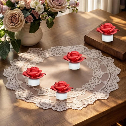 12 Pack Led Candles with Artificial Flowers, 200+Hour Battery Operated Tea Lights Candles for Centerpiece Table, Party, Wedding Anniversary Decorations (Red)