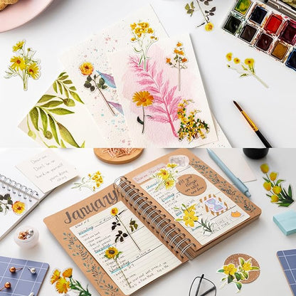 Transparent Flower Stickers for Scrapbooking PET Nature Plant Stickers Floral Stickers Vintage Craft Sticker Colorful Small Flower Sticker for Journaling Scrapbooking Clear Flower Decals(Style F)