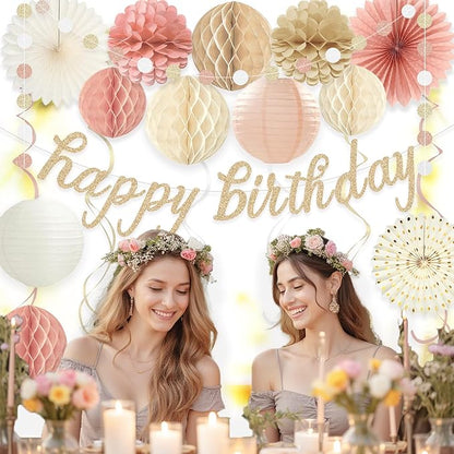 Boho Pink Happy Birthday Decorations, Pre-Strung Happy Birthday Banner with Honeycomb Balls, Paper Flowers, Lanterns, Fans, Hanging Swirls, Circle Dots Garland for Birthdays Party Decorations 24pcs