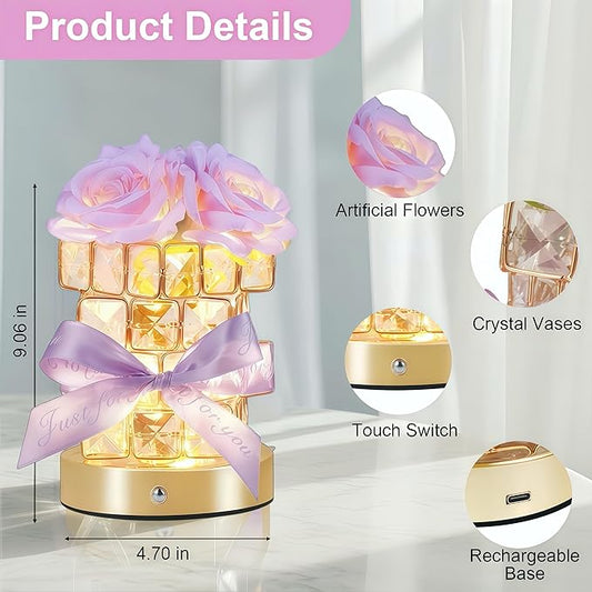 Christmas Gifts for Woman, Touch Crystal Rose Lamp, Elegant Flower lamps, Purple Roses Crystal Lights Base, Purple Nightlight, Gifts for Her, Mom, Wife, Girlfriend, Valentines, Birthday Gifts