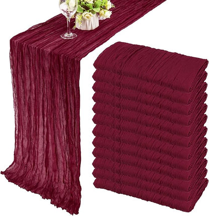 12 Pack 13Ft Cheesecloth Table Runner 35x157 Inch Boho Gauze Rustic Long Table Runner for Wedding Bridal Shower Birthday Party Table Decor (Burgundy)
