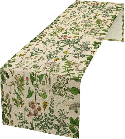 Vintage Botanical Mushroom Table Runner Wild Floral Retro Boho Plants Herbs Ferns Dinner Runner for Farmhouse Cabin Home Kitchen Dining Holiday Party Decor 13x120in