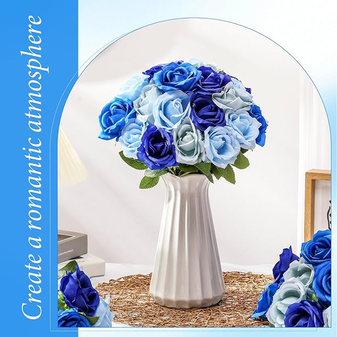 Hotop 40 Pcs Rose Artificial Flowers Bulk with Long Stem,Realistic Silk Fake Roses Bouquet for Home Wedding Centerpieces Party Table Decoration Valentines Gifts(Gradient Blue)