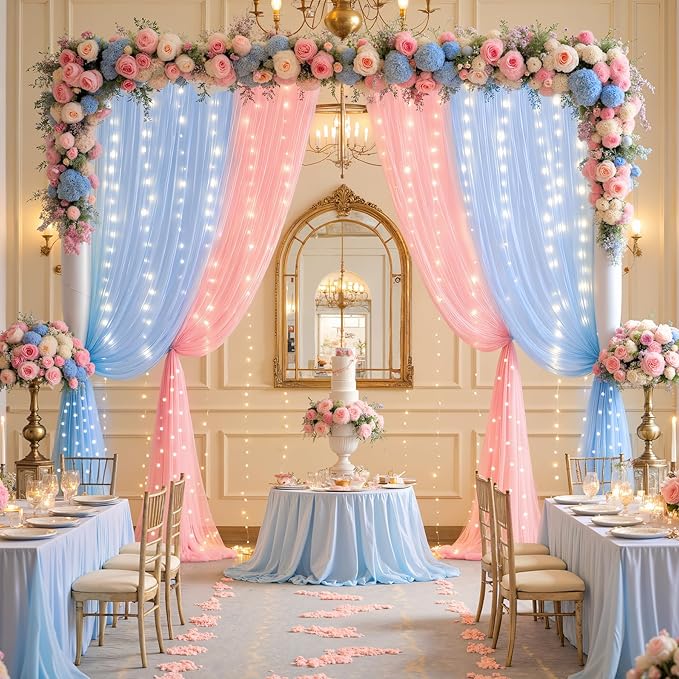 10ft x 10ft Pink Blue Tulle Photo Backdrop Curtain with Lights String for Gender Reveal Sheer Curtain Back Drop Baby Shower Backdrop for Boy or Girls Birthday Party Photo Booth Background Decorations