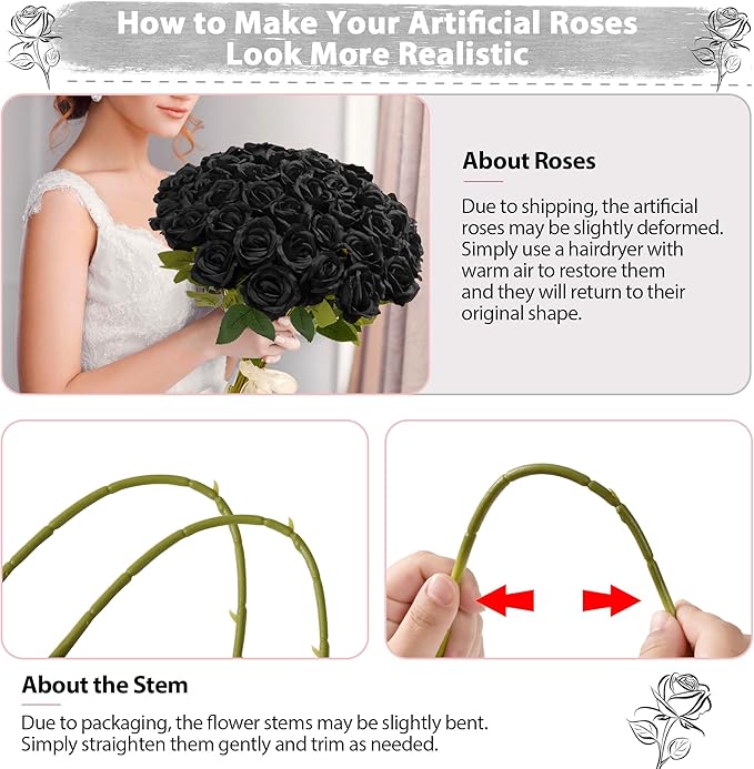 Black Roses Artificial Flowers Bulk, 52Pcs Fake Roses Flower Arrangement, DIY Silk Flowers Roses Bouquet, Realistic Faux Artificial Roses for Mother's Day Home Table Decor