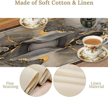 Grey Marble Flower Table Runner, Black Grey Marble Golden Veins Abstract White Natural Texture Floral Dinner Runner Table Decoration for Home Kitchen Dining Holiday Party 13x108in