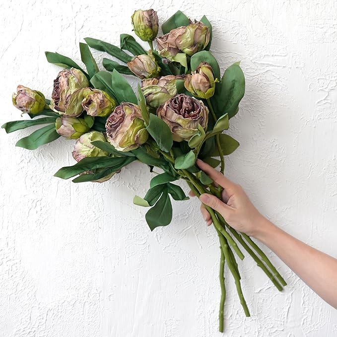 FiveSeasonStuff Vintage Walnut Brown Peonies – Realistic Artificial Silk Flowers with Dry-Look Petals, 6 Stems for Rustic Home & Wedding Floral Arrangements