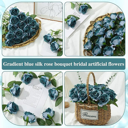 80 Pcs Roses Artificial Flowers, Silk Gradient Blue-Green Artificial Flowers Petals Long Stem Roses for Wedding Bouquet Home Party Decor