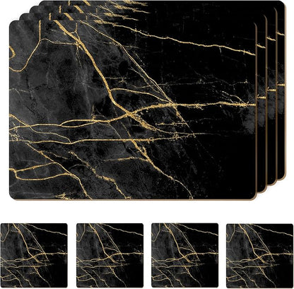 Set of 4 Heat Resistant Cork Placemats for Dining Table with Free Set of 4 Matching Drink Coasters Marble Design 16 x 12 Inches Cork Backed Hard Placemats (Black & Gold)