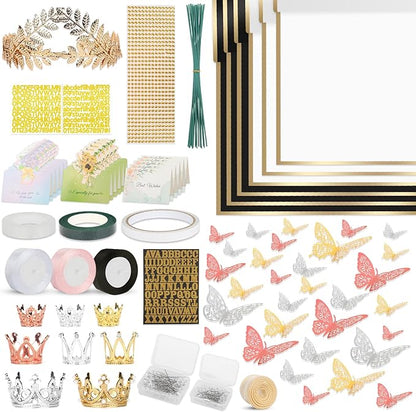 260Pcs Flower Bouquet Wrapping Paper Kit, 60 Sheets Waterproof Paper, 36 Butterflies, 8 Crowns, 1 Headband, 4 Ribbons, 15 Cards, 100 Diamond Pins, 30 Floral Wire, 3 Stickers, 3 Tapes (Black & White)