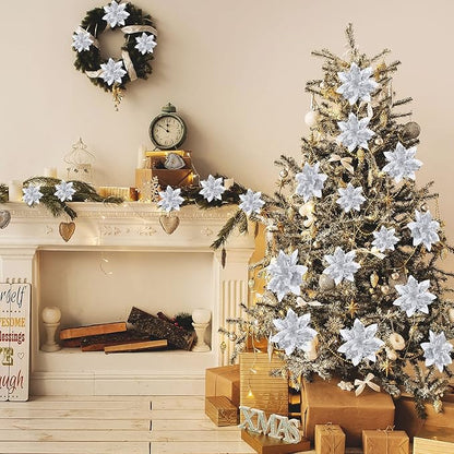 24 Christmas Glitter Artificial Poinsettia Flowers Xmas Poinsettia Artificial Wedding Flowers Decorations Xmas Tree Ornaments with Clips for Party Favors, 6 Inch, 4 Inch, 3 Inch (Silver)