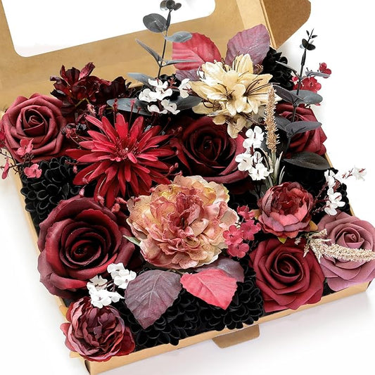 Artificial Flower Box Set Silk Fake Flowers DIY Center Cake Decoration Wedding Bouquet Corsage Home Decor Outdoor Decor Gift (Gothic Black and Red)