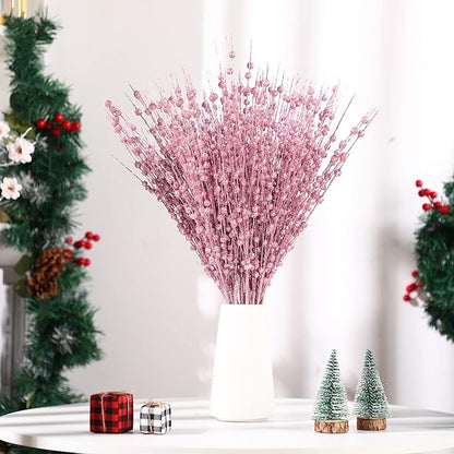 Geosar 30 Pcs Christmas Artificial Glitter Berry Stem Decorations 17 Inch Faux Stick Floral Pick Centerpiece Bouquet Flower Bead Twigs for Centerpiece Tree Wreath Xmas Ornaments Home(Pink)