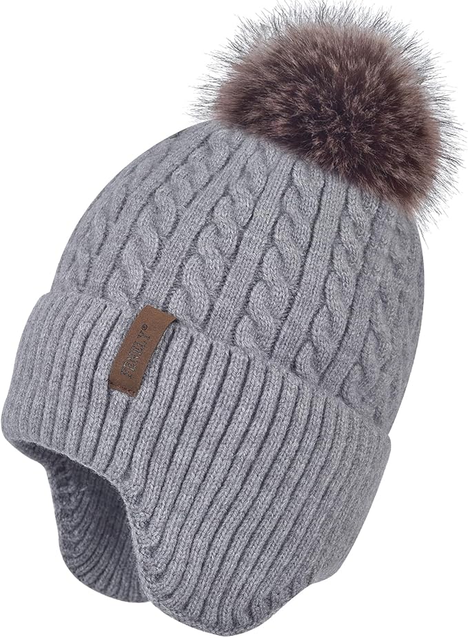 FENELY Women's Knitted Warm Beanie Winter Hat, Warm Chunky Snow Hat with Pompom