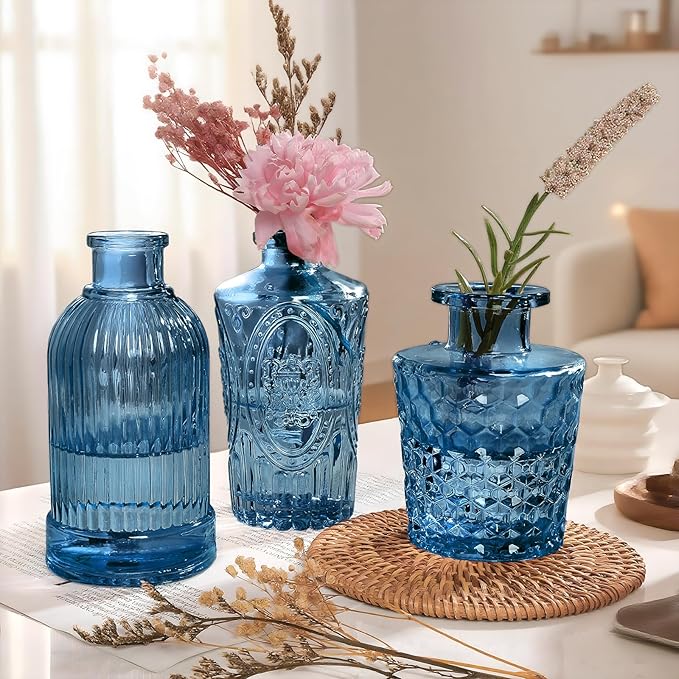 Blue Glass Vase Set of 12, Clear Bud Vase in Bulk, Small Flower Vases for Centerpieces, Mini Vases for Flowers, Vintage Decorative Embossed Vase for Home Decor, Wedding Table Decoration, Gift
