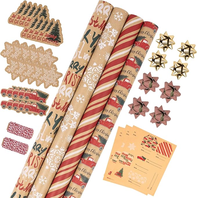 RUSPEPA Christmas Wrapping Paper Set - 4 Rolls of Kraft Wrapping Paper (30 Inches x 10 Feet Per Roll) with 8 Gift Bows, 1 Spools of Bakers Twine, Jute String, 30 Stickers and 30 Gift Tags - Red