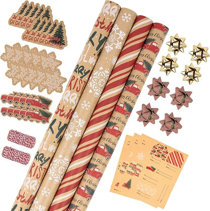 RUSPEPA Christmas Wrapping Paper Set - 4 Rolls of Kraft Wrapping Paper (30 Inches x 10 Feet Per Roll) with 8 Gift Bows, 1 Spools of Bakers Twine, Jute String, 30 Stickers and 30 Gift Tags - Red