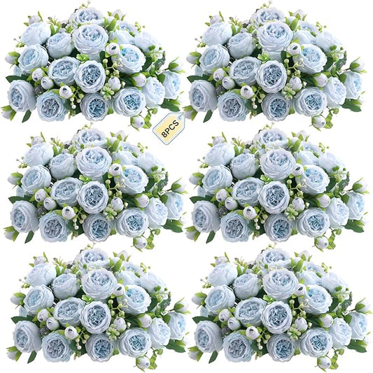 ASTRYAS 8Pcs Peonies Artificial Flowers, Blue Peony Bridal Artificial Peonies, Silk Peony Flowers Fake Artificial Flowers Bouquet for Centerpiece Table Wedding Party Home Decor- Light Blue