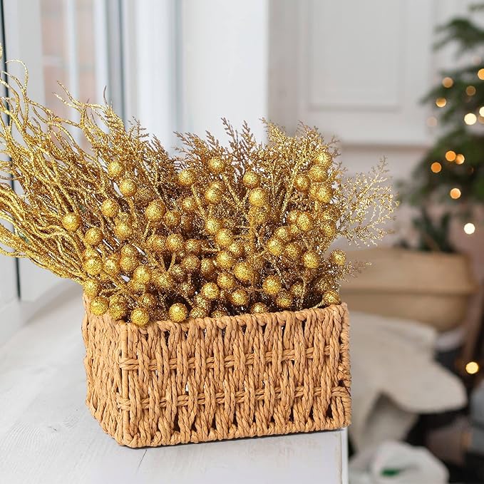 75 Pcs Christmas Glitter Branches 3 Styles Artificial Christmas Picks Berries Stems Pine Needles Floral Twig Spray for Xmas Tree Ornaments DIY Wreath Garland(Gold)