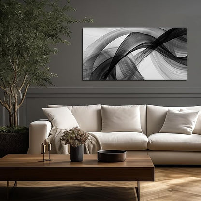 JuhaiArt Abstract Wall Art Large Black Picture Wall Decor White Canvas Art Modern Minimalist for Living Room Office 24"x 48" Monochrome Artwork