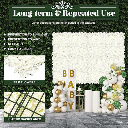 10 PCS Flower Wall Panel Artificial Flowers Wall Decoration 24" x 16" Decorative Hydrangea Flower Panels Wall for Home Party Wedding Christmas Festival Photo Backgdrop Decor (10 PCS, White)