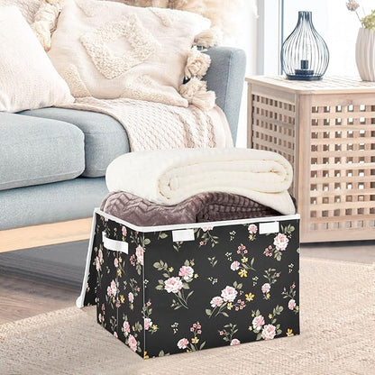 Flower Baskets Collapsible Storage Bins with Lids, Purple Green Rose Flower Storage Boxes Clothes Baskets for Organizing
