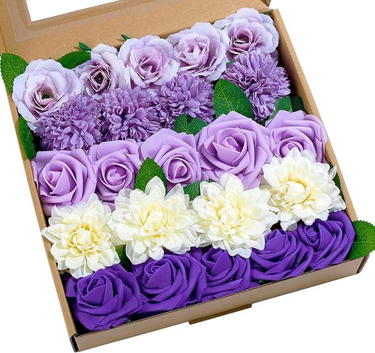 SITUMEIZI Roses Artificial Flowers Combo Purple Flowers Silk Foam Flowers with Stems for DIY Bridal Wedding Bouquet Baby Shower Party Home Decor Floral Arrangements 23pcs