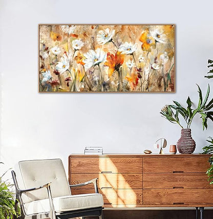 Framed Abstract Floral Wall Art for Living Room Decor Flowers Canvas Wall Pictures White Red Orange Yellow Brown Modern Daisy Artwork Canvas Prints Bedroom Kitchen Office Home Wall Decor 20"x 40"